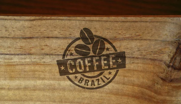 Kawa Brazylia Znaczek Wydrukowany Drewnianym Pudełku Koncepcja Kraju Fabrycznego Produkcyjnego — Zdjęcie stockowe
