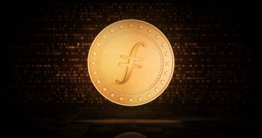 Filecoin FIL kripto para birimi sembolü yeşil ekranda altın para. Soyut konsept 3d illüstrasyon.