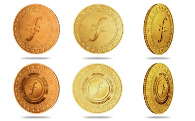 Filecoin FIL kripto para birimi sembolü yeşil ekranda izole edilmiş altın para. Soyut konsept çizimi.