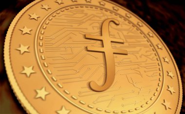 Filecoin FIL kripto para birimi sembolü yeşil ekranda altın para. Soyut konsept 3d illüstrasyon.