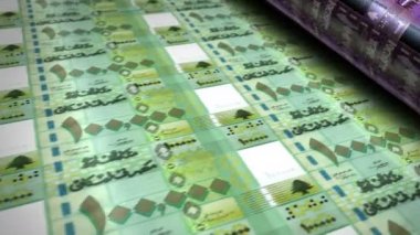 Lübnan Pound para banknotları basım makinesi döngüsü. Kağıt LBP banknot baskısı 3d döngüsü pürüzsüz. Soyut bankacılık, borç, finans, ekonomi ve kriz kavramı.