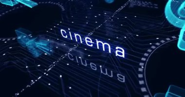 Cinema movie film streaming symbol abstract cyber concept. Digital technology background seamless and loopable dynamic 3d animation.