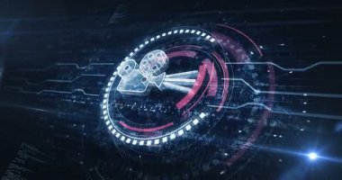 Cinema movie film streaming symbol digital concept. Cyber technology and computer background abstract 3d animation. Seamless and loopable.