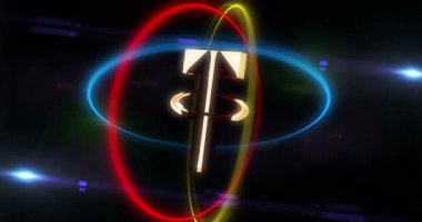Tether stablecoin crypto currency USDT digital dollar golden metal symbol in rotating neon 3d circles looped and seamless animation