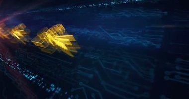 Cinema movie film streaming hologram symbol appears on a electronic circuit background. Network, cyber technology and computer abstract concept.