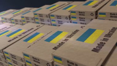 Made in Ukraine box production line. Brazilian export import Cardboard pack factory. Abstract concept 3d loopable seamless.