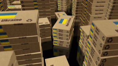 Made in Ukraine box production line. Brazilian export import Cardboard pack factory. Abstract concept 3d loopable seamless.