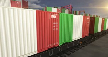 İtalya bir yük vagonu döngüsünde üretim ve ithalat konteynırları ihraç ediyor. Demiryolu tren taşımacılığı ve İtalyan bayrağı taşıyan nakliyat işi. 3B döngü ve kusursuz canlandırma.