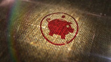 Doğal keten çuvalında domuz kumbarası damgası. Para kutusu 3D tasarım soyut konsept tasarruf. Döngüsüz ve kusursuz animasyon.