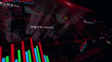 Bitcoin dijital para grafikleri ve grafikleri ekranda pürüzsüz ve çevrilebilir 3D konsept