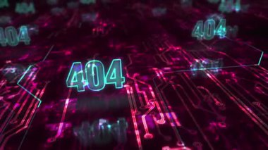 Hata 404 sayfası bulunamadı sorun sembolü soyut siber konsept. Dijital teknoloji ve bilgisayar arkaplanı pürüzsüz ve döngülü 3D animasyon.