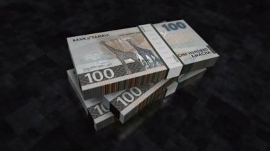 Zambiya kwacha Zambiya para yığını. Ekonomi, bankacılık, iş, kriz, durgunluk, borç ve finans konularının kavramı. 100 ZMW banknotlar 3D animasyon dizer.
