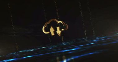 Yeşil dijital arkaplanda bulut sunucu hesaplaması ve veri depolama parlaklık sembolü. Soyut 3D altın metal parlayan simge animasyonu.