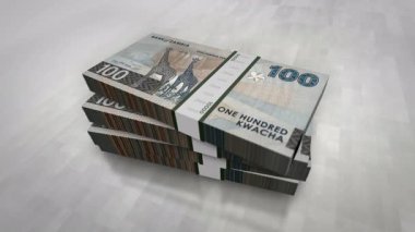 Zambiya kwacha Zambiya para yığını. Ekonomi, bankacılık, iş, kriz, durgunluk, borç ve finans konularının kavramı. 100 ZMW banknot destesi 3D.