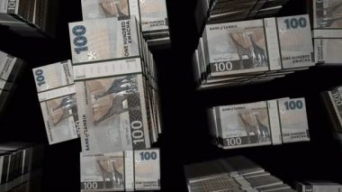 Zambiya kwacha Zambiya para paketleri döngüsü. 100 ZMW 'den fazla 3D uçuş, kuleleri desteler. Döngüsüz, soyut iş dünyası, ekonomi krizi ve finans kavramı.