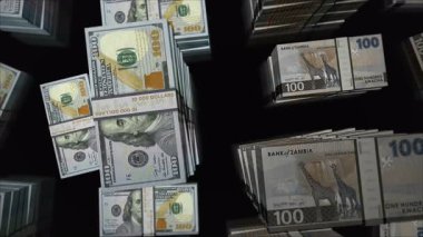 Amerikan Doları ve Zambiya kwacha Zambiya para değişimi. Kağıt banknotlar tomar tomar. Ticaret, ekonomi, rekabet, kriz, bankacılık ve finans kavramı. Döngüsüz 3D notalar.