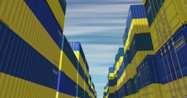 Ukrayna ihracat ve ithalat kargo konteynırları sorunsuz ve geri dönüşümlü iş konseptinde. Ukrayna bayrağı sanayi taşımacılık kutusu 3D döngü.