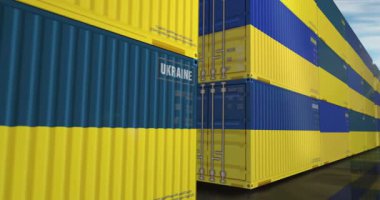 Ukrayna ihracat ve ithalat kargo konteynırları sorunsuz ve geri dönüşümlü iş konseptinde. Ukrayna bayrağı sanayi taşımacılık kutusu 3D döngü.