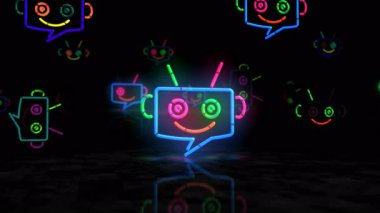 Chatbot yapay zeka neon ışıklı sembol. Renkli ampuller. Sohbet robotai soyut kavram 3D animasyon.