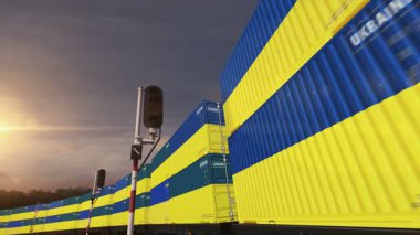 Ukrayna bir demiryolu yük vagonu döngüsünde üretim ve ithalat konteynırları. Ukrayna bayrağı taşıyan tren ve nakliyat işi. 3 boyutlu döngü ve kusursuz.