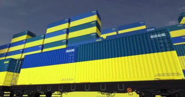 Ukrayna ihracat ve ithalat konteynırları yük vagonları döngüsünde. Demiryolu tren taşımacılığı ve Ukrayna bayrağı taşıyan nakliye işi. 3B döngü ve kusursuz canlandırma.