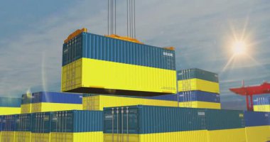 Ukrayna ihracat ve ithalat konteynırları kargo vinci. Ukrayna bayrağıyla taşımacılık, yükleme ve taşımacılık.