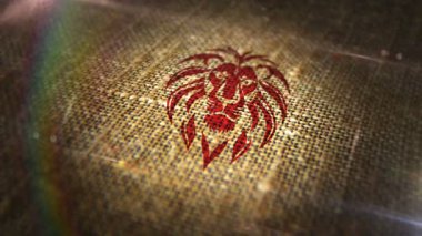 Aslan başlı Afrika sembolü doğal keten çuvalında damga. Romantik ruj xoxo 3D tasarım soyut konsept. Döngüsüz ve kusursuz animasyon.