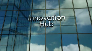 Yenilik İnbot teknolojisi merkezi cam bina konsepti. 3D ön cephede yaratıcılık başlangıç simgesi.