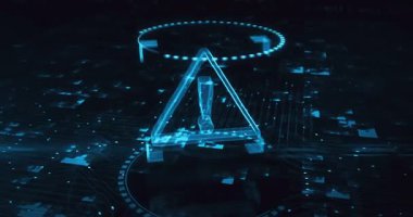 Uyarı ve güvenlik ihlali uyarı hologram sembolü dijital arkaplanda görünüyor. Ağ, siber teknoloji ve bilgisayar soyut konsepti 3D animasyon.