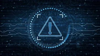 Uyarı ve güvenlik ihlali uyarı sembolü soyut dijital kavram. Ağ, siber teknoloji ve bilgisayar arkaplanı pürüzsüz ve döngülü.