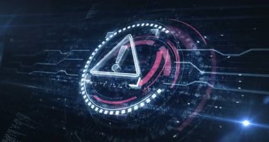 Uyarı ve güvenlik ihlali uyarı sembolü dijital kavram. Siber teknoloji ve bilgisayar arkaplanı soyut 3D animasyon. Kusursuz ve döngüsüz.