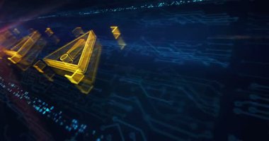 Alarm ve güvenlik ihlali uyarı hologram sembolü elektronik devre arka planında görünüyor. Ağ, siber teknoloji ve bilgisayar soyut kavramı.