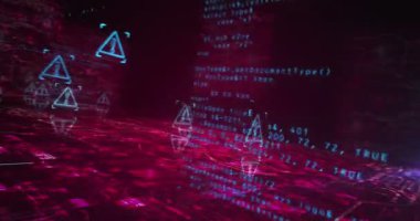 Alarm ve güvenlik ihlali uyarı sembolü soyut siber kavram. Dijital teknoloji arka planı pürüzsüz ve döngüsel dinamik 3D animasyon.