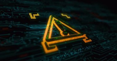 Uyarı ve güvenlik ihlali uyarısı renkli sembol kavramı. Ağ, siber teknoloji ve bilgisayar arkaplanı soyut 3d canlandırması.