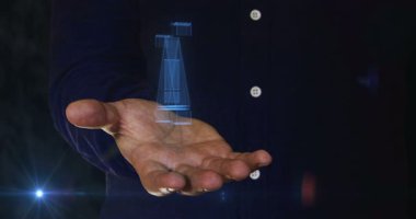 Uyarı ve güvenlik ihlali uyarısı. İnsan elinin üzerinde 3D sembolü var. Siber teknoloji simgesi soyut kavram kusursuz ve döngüsel.