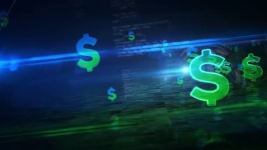 Dollar USD currency US money symbol on looped abstract digital background. Flight by 3d icons cyber technology concept seamless loopable animation.