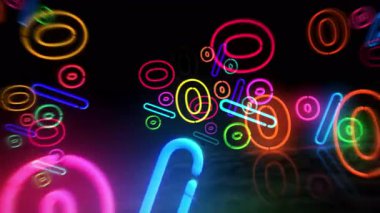 Yüzde sıfır indirimli neon sembol. Renkli ampuller. 0 tanıtım önerisi soyut, kusursuz ve döngüsel bir kavram. 3D tünel animasyonunda uçuyor..