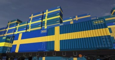 İsveç bir yük vagonu döngüsünde üretim ve ithalat konteynırları ihraç ediyor. Demiryolu tren taşımacılığı ve İsveç bayrağı taşıyan nakliyat işi. 3B döngü ve kusursuz canlandırma.