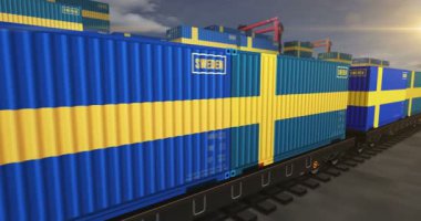 İsveç bir yük vagonu döngüsünde üretim ve ithalat konteynırları ihraç ediyor. Demiryolu tren taşımacılığı ve İsveç bayrağı taşıyan nakliyat işi. 3B döngü ve kusursuz canlandırma.