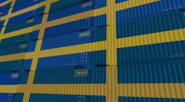 İsveç kargo konteynırlarını ihraç ve ihraç eder. İsveç sanayi sanayi sanayi sanayi sandığı 3D illüstrasyon.