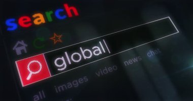 Tarayıcı ekranında küresel ısınma metni yazılıyor. Monitör piksel görünümü olan internet aranıyor.