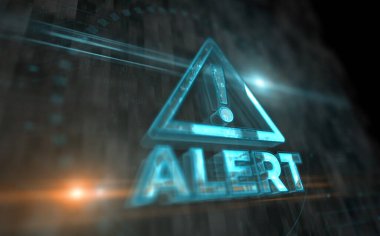 Siber saldırı uyarı sembolü dijital konsepti uyarın. Ağ, siber teknoloji işareti ve bilgisayar arkaplan soyut 3d resimleme.