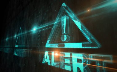 Siber saldırı uyarı sembolü dijital konsepti uyarın. Ağ, siber teknoloji işareti ve bilgisayar arkaplan soyut 3d resimleme.