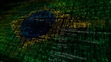 Brezilya bayrağı güvenlik kodu sallıyor. Brezilya sancak üfleme siber güvenlik saldırısı ve konsept animasyon hackleme.