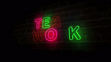 Takım çalışması ortaklığı işbirliği neon sembolü tuğla duvarda. açık renk ampulleri soyut kavram.