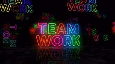 Takım çalışması ortaklığı işbirliği neon parıltısı sembolü. Renkli ampuller. soyut kavram 3d animasyon.