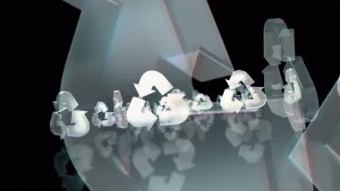 Ekoloji ve çevre sembollerinin geri dönüşümü soyut cam kavramının döngüsü ve kusursuz animasyonu. 3d simgelerinin arasından uç.