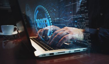 Hata uyarı sembolü ve klavye yazan adam. Eller dizüstü bilgisayarda. Ağ, siber teknoloji ve özet konsept 3D illüstrasyon.