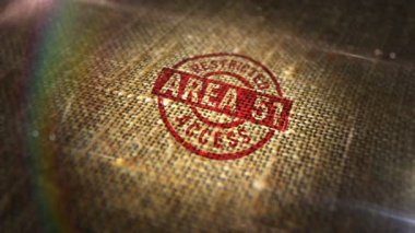 Doğal keten çuvalında 51. Bölge 'ye giriş izni damgası. Hükümetin çok gizli 3D tasarım soyut konsepti. Döngüsüz ve kusursuz animasyon.