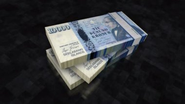 İzlanda Krona İzlanda para yığını. Ekonomi, bankacılık, iş, kriz, durgunluk, borç ve finans konularının kavramı. 10000 ISK banknotları 3D animasyon yığınları.